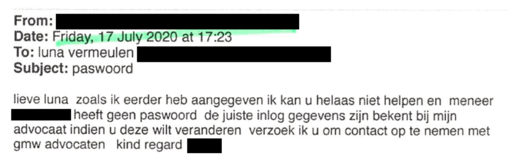 Nabod used the information about the hacked passwords to harass Luna Vermeulen