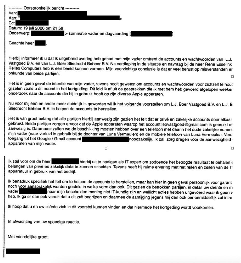 He also e-mailed the lawyer that he would cooperate to restore the passwords his father hacked