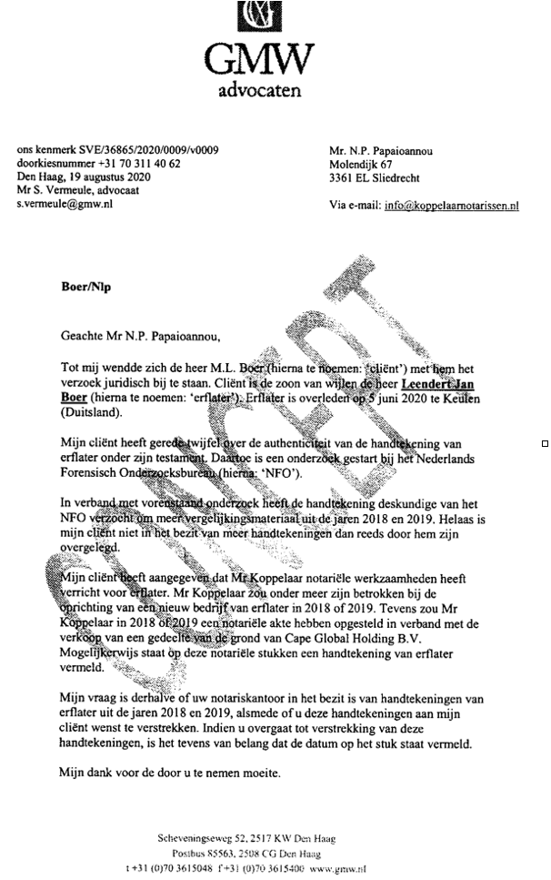 Ultimately the lawyers asked the civil-law notary for signatures of Leo Boer, but it came to nothing. See the request below